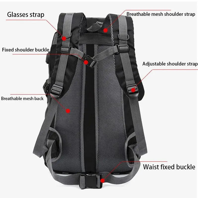 The Anti-theft Mountaineering Waterproof Backpack for men is shown from the back, displaying a glasses strap, breathable mesh and adjustable shoulder straps, fixed shoulder buckle, mesh back, and waist fixed buckle. Suitable for riding, camping, climbing & hiking.