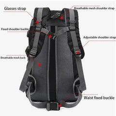 The Anti-theft Mountaineering Waterproof Backpack for men is shown from the back, displaying a glasses strap, breathable mesh and adjustable shoulder straps, fixed shoulder buckle, mesh back, and waist fixed buckle. Suitable for riding, camping, climbing & hiking.