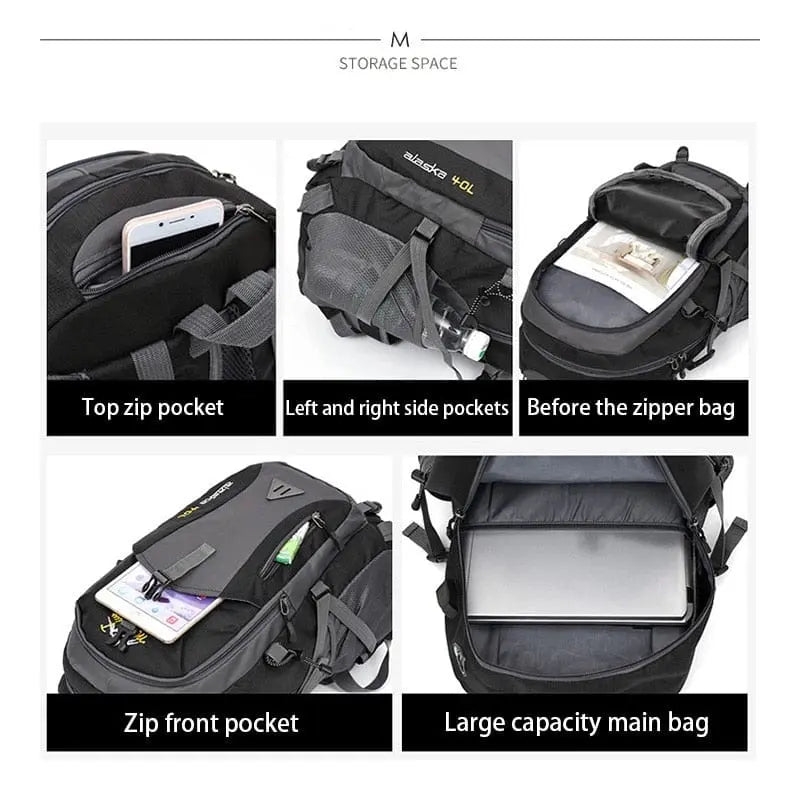 Five labeled images showcase the spacious Anti-theft Mountaineering Waterproof Backpack for men: top zip pocket (phone), side pockets (bottle), inner pocket, front zip pocket (pens), and main compartment (laptop).