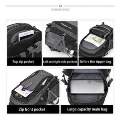 Five labeled images showcase the spacious Anti-theft Mountaineering Waterproof Backpack for men: top zip pocket (phone), side pockets (bottle), inner pocket, front zip pocket (pens), and main compartment (laptop).