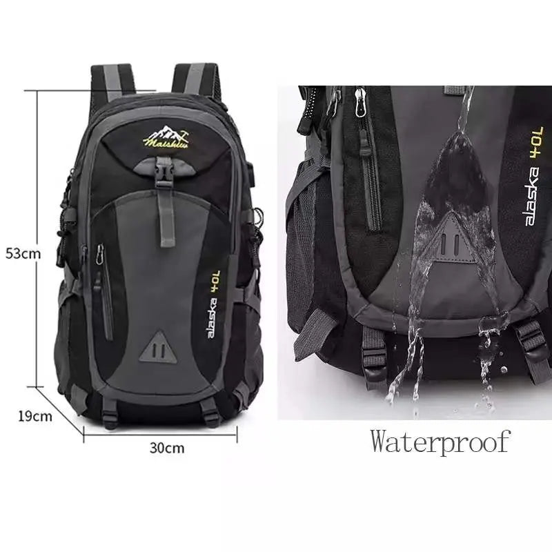 The Anti-theft Mountaineering Waterproof Backpack for men, shown in black and gray (53x30x19cm), demonstrates its water resistance as liquid pours off the nylon surface. "alaska 40L" highlights its spacious capacity for outdoor activities.