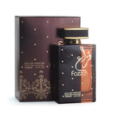 A rectangular bottle of Fazza perfume and its matching box featuring dark brown and orange patterns.