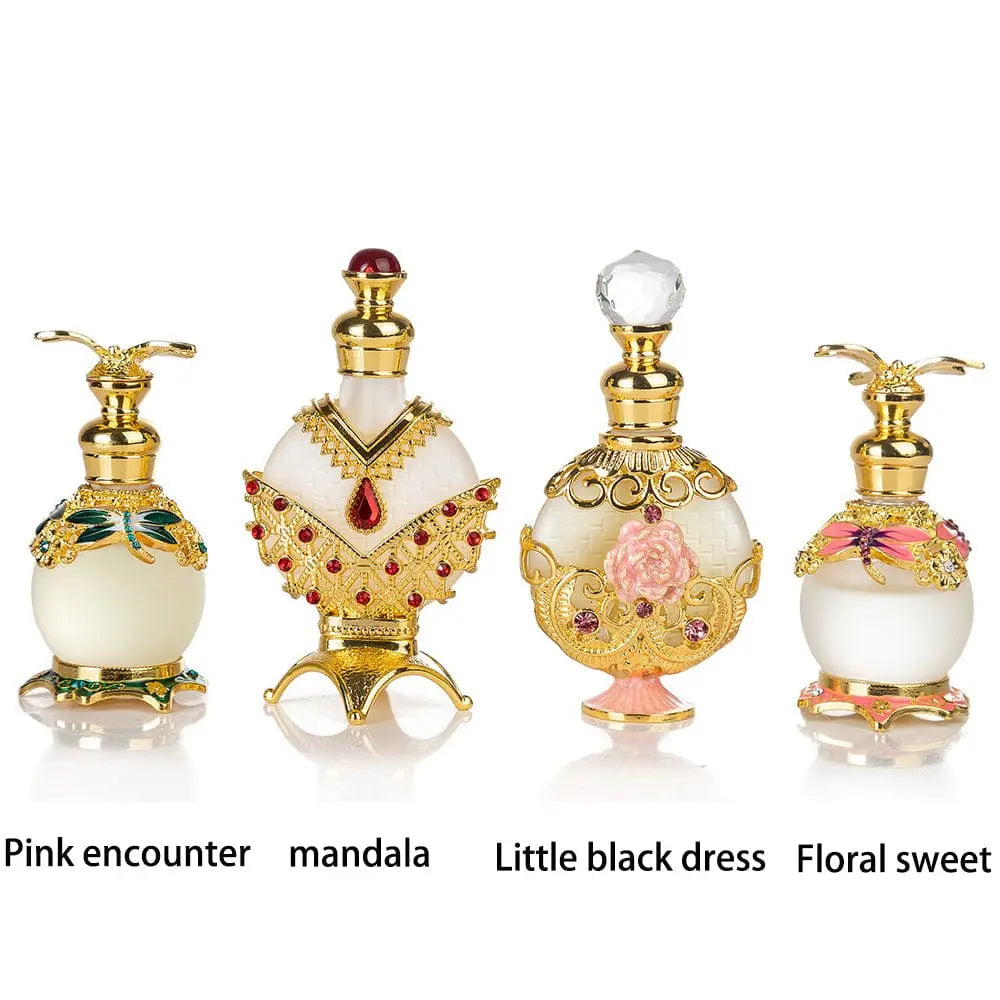 Four ornate Arabian-style perfume bottles—Rich Middle Eastern Style, Essential Oil Perfume, Reverses Paris, and True Blue—feature jeweled gold designs, decorative caps, and unique details. Crafted with top quality by experienced professionals.