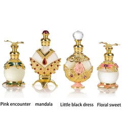 Four ornate Arabian-style perfume bottles—Rich Middle Eastern Style, Essential Oil Perfume, Reverses Paris, and True Blue—feature jeweled gold designs, decorative caps, and unique details. Crafted with top quality by experienced professionals.