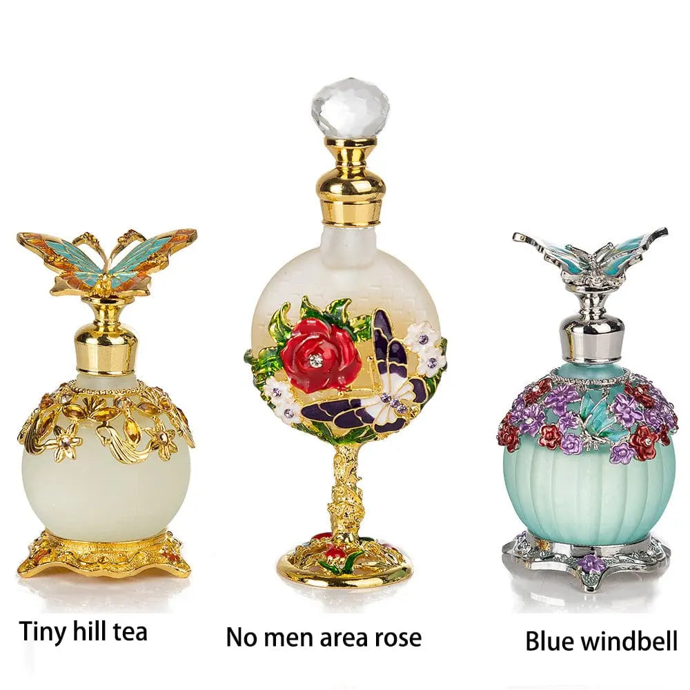 An ornate Middle Eastern-style perfume bottle, "Arabian Rich: True Blue," features intricate gold and blue floral designs, crafted with strict quality control by experienced cosmetics R&D professionals.
