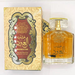 A 100ml clear bottle of Arabian sandalwood atmospheric perfume for men and women, with gold liquid and cap, comes in an ornate gold-and-red box. Exclusively crafted for the Middle East fragrance market in Dubai, UAE.