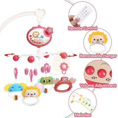 A musical baby crib mobile with hanging animal rattles, a remote control, and volume buttons.