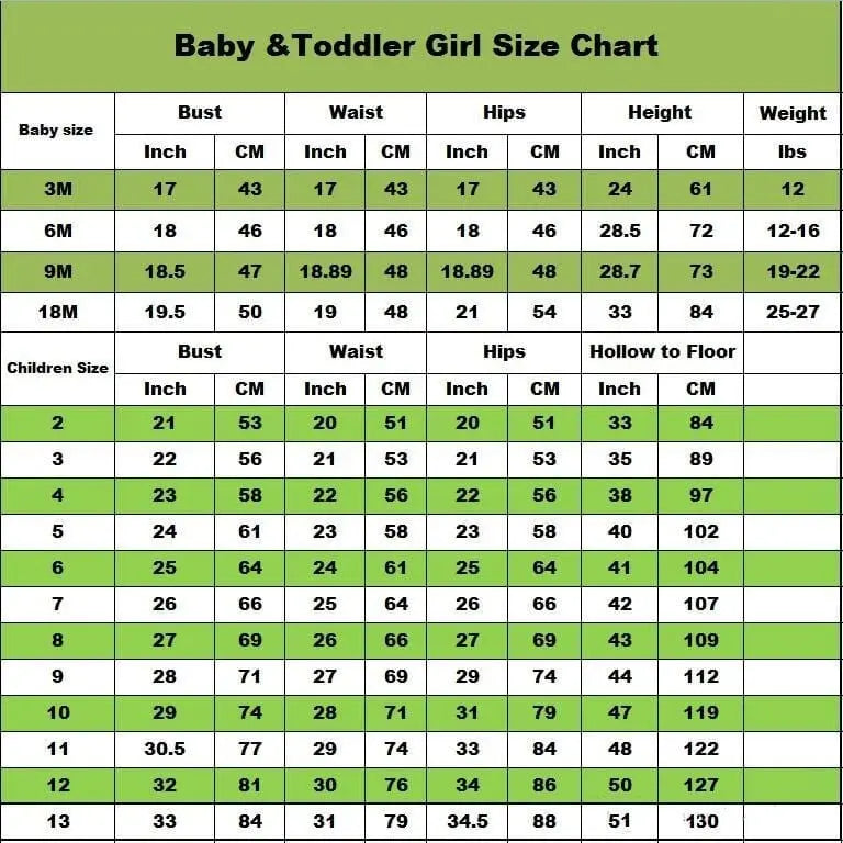 A green and white chart displays baby and toddler girl clothing sizes by age for the Backless Velvet Flower Girls Dress, with bust, waist, hips, height, hollow-to-floor, and weight in inches/cm/lbs to help choose the perfect fit.
