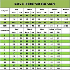 A green and white chart displays baby and toddler girl clothing sizes by age for the Backless Velvet Flower Girls Dress, with bust, waist, hips, height, hollow-to-floor, and weight in inches/cm/lbs to help choose the perfect fit.