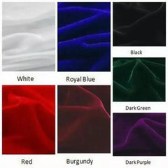 A chart shows six velvet colors—white, royal blue, black, dark green, red, and burgundy—for the Backless Velvet Flower Girls Dress 2020 Off The Shoulder Ball Gown, each with a close-up image to help you choose.
