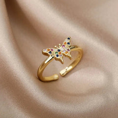 Showlu Store Nation 0 Adjustable / Butterfly 1 / China Bee Butterfly Ring For Women Open Adjustable Stainless Steel Cubic Zirconia Moon Heart Finger Ring Elegant Birthday Jewelry 2022