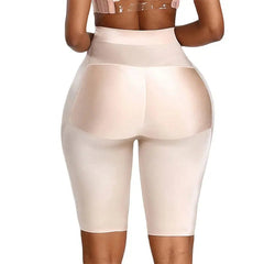 A woman wears Body Shapers Butt Lifter Faja Plus Size Slimming Tummy Control Lace Decorated Padded Panties for women, which smooth and enhance curves with supportive shaping and a seamless, high-waisted, mid-thigh nude design.