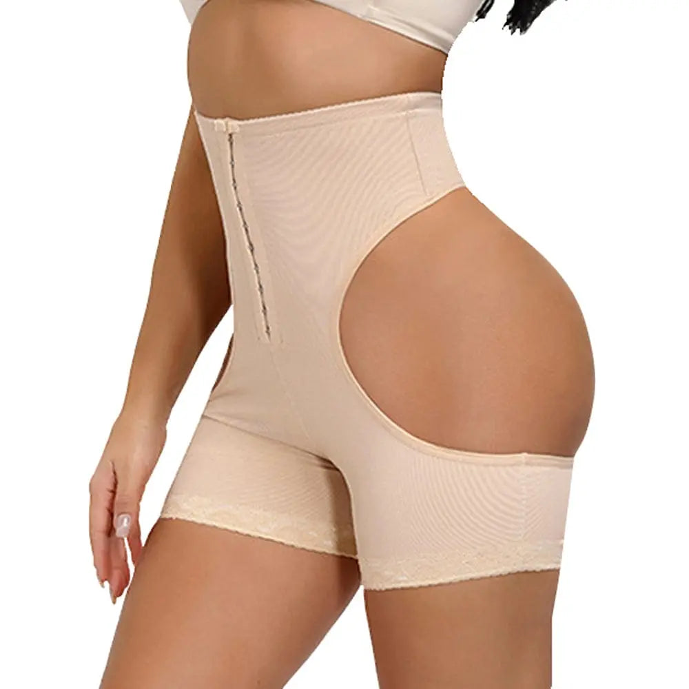 A woman wears the Body Shapers Butt Lifter Faja Plus Size Slimming Tummy Control Lace Decorated Padded Panties, featuring a high waist, open hip sides, lace leg trim, and a front zipper for easy wear and a flattering silhouette.