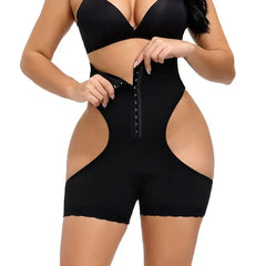 A woman wears the Body Shapers Butt Lifter Faja Plus Size Slimming Tummy Control Lace Decorated Padded Panties, featuring open sides, hook-and-eye front closures, and lace-trimmed shorts, shown from shoulders to mid-thigh with a black bra.