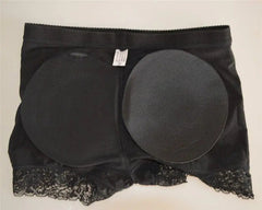 Body Shapers Butt Lifter Faja Plus Size Slimming Tummy Control Lace Decorated Padded Panties for women, featuring black lace-trimmed shorts with padded inserts to enhance and lift the buttocks.