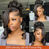 A woman models a long, dark, wavy human hair wig styled in a high bun with a side-swept fringe.