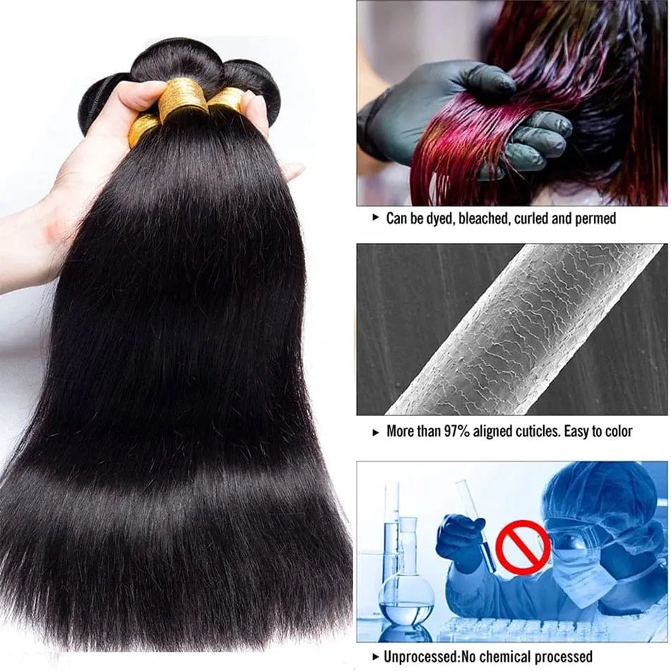 The image shows Bone Straight Human Hair Bundles Long 30Inch (1/3/4 pcs) for Black Women, Brazilian Remy Hair Extensions in Natural Color; other images highlight dyeability, cuticle health, and chemical-free quality.
