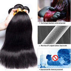 The image shows Bone Straight Human Hair Bundles Long 30Inch (1/3/4 pcs) for Black Women, Brazilian Remy Hair Extensions in Natural Color; other images highlight dyeability, cuticle health, and chemical-free quality.