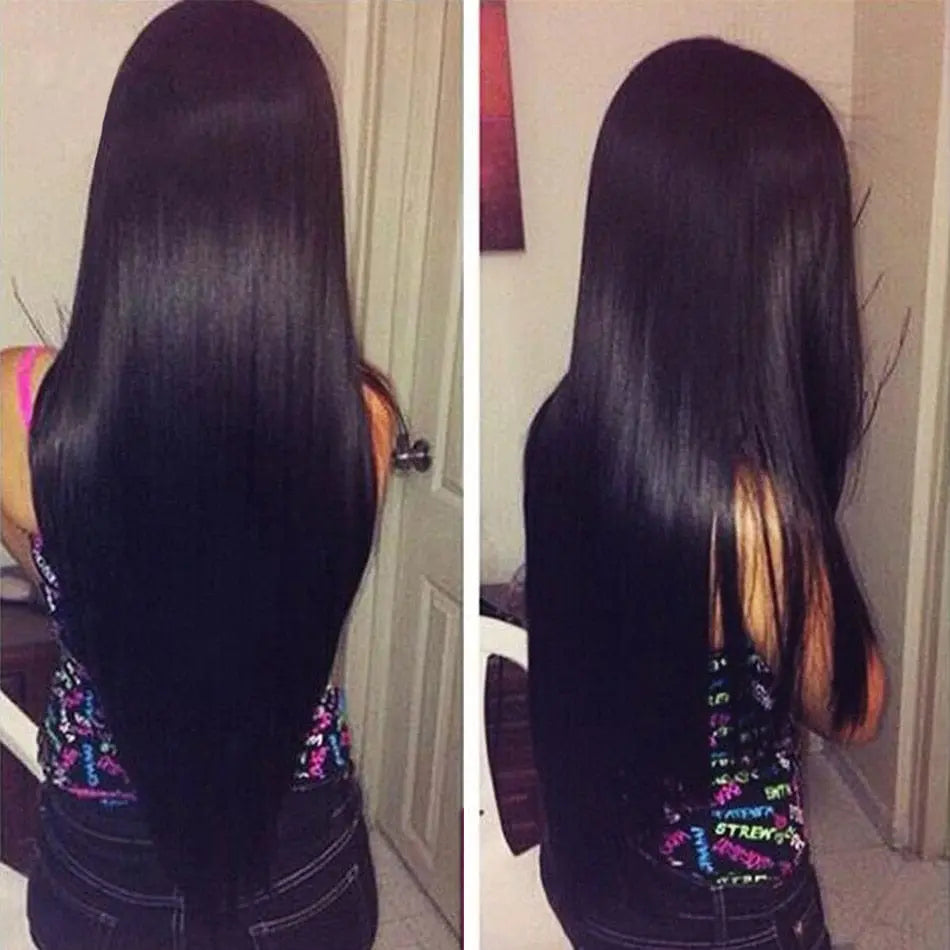 A woman with long, straight, shiny black hair—styled with Bone Straight Human Hair Bundles 30-Inch Brazilian Remy Extensions for Black Women—is shown from the back and side indoors with a door and chair in view.