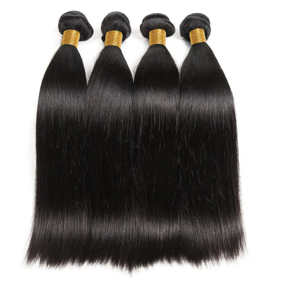 Four bundles of 30-inch Bone Straight Human Hair Bundles for Black Women, Brazilian Remy, natural color, are tied with gold bands and arranged side by side on a white background.