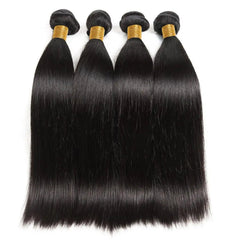 Four bundles of 30-inch Bone Straight Human Hair Bundles for Black Women, Brazilian Remy, natural color, are tied with gold bands and arranged side by side on a white background.