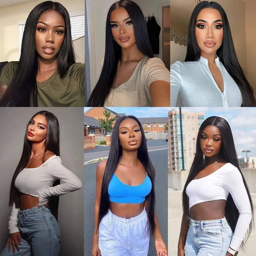 A collage of six women with long, straight black hair styled with Bone Straight Human Hair Bundles 30 Inch Brazilian Remy Hair Extensions, wearing colorful casual outfits and posing in various indoor and outdoor settings.