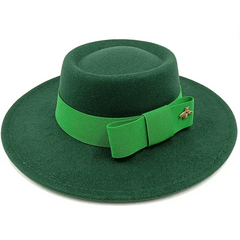 A green felt fedora hat with a flat top, a matching green ribbon bow, and a small gold bee pin.