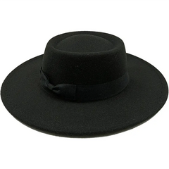 A black flat-top fedora hat with a matching ribbon bow tie band.