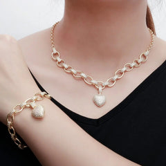 Showlu Fashion Store 0 CWWZircons 585 Gold Color Cubic Zirconia Dangle Love Heart Shape Charm Bracelet Pendant Necklace Women Costume Jewelry Set T468