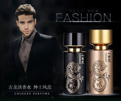 A man in a suit stands next to two bottles of Century Cologne perfume featuring dragon designs.