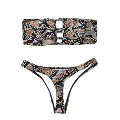 A two-piece bikini set featuring a bandeau top and thong bottom in a brown and black snake print.