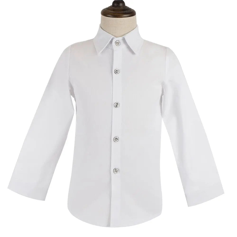 A white, long-sleeved button-down shirt with a classic collar features as part of the Children Formal Dress Kids Flower Jacket Pants Bowtie 3PCS Piano Costume Boys Bronzing Show Host Handsome Photography Suit. Displayed on a dress form mannequin.