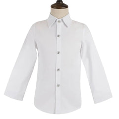 A white, long-sleeved button-down shirt with a classic collar features as part of the Children Formal Dress Kids Flower Jacket Pants Bowtie 3PCS Piano Costume Boys Bronzing Show Host Handsome Photography Suit. Displayed on a dress form mannequin.
