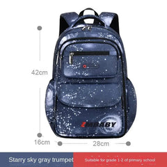 A gray starry sky patterned children's backpack with dimensions of 42cm by 28cm by 16cm.