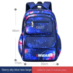 A blue galaxy-patterned children's backpack with multiple zippered compartments.