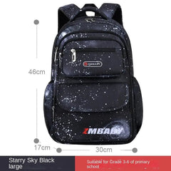 A black backpack with a starry sky pattern, measuring 46cm by 30cm by 17cm.