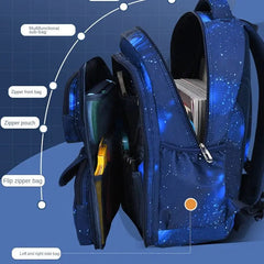 A blue galaxy-patterned children's backpack with multiple zippered compartments and side pockets.
