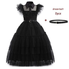 A black sleeveless dress with a collared neckline, ruffled mesh sleeves, and a matching belt.