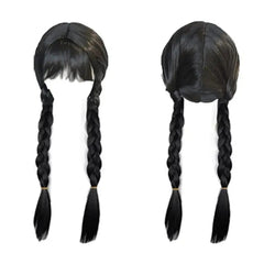 A black wig with bangs and two long braided pigtails shown from the front and back.