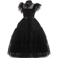 A black sleeveless girls' dress with a collared neckline, ruffled shoulders, and a layered skirt.