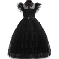 A black sleeveless mid-calf dress for girls featuring a collared neckline, ruffled sleeves, and belt.