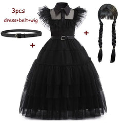 A black sleeveless layered mesh dress with a collar, a belt, and a braided wig.
