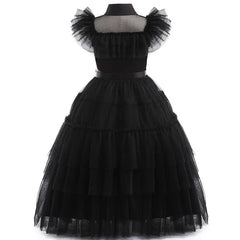 A black sleeveless girls' party dress featuring a tiered tulle skirt and a belted waist.