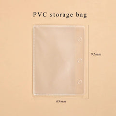 A transparent PVC storage bag with three binder holes, measuring 92mm by 69mm.