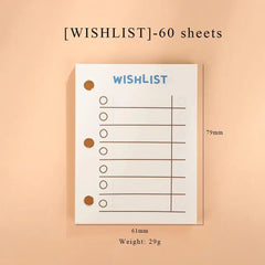 A small rectangular wishlist notepad with three binder holes and six checklist rows.