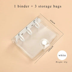 A small, transparent three-ring binder with a white snap closure, measuring 80mm by 100mm.