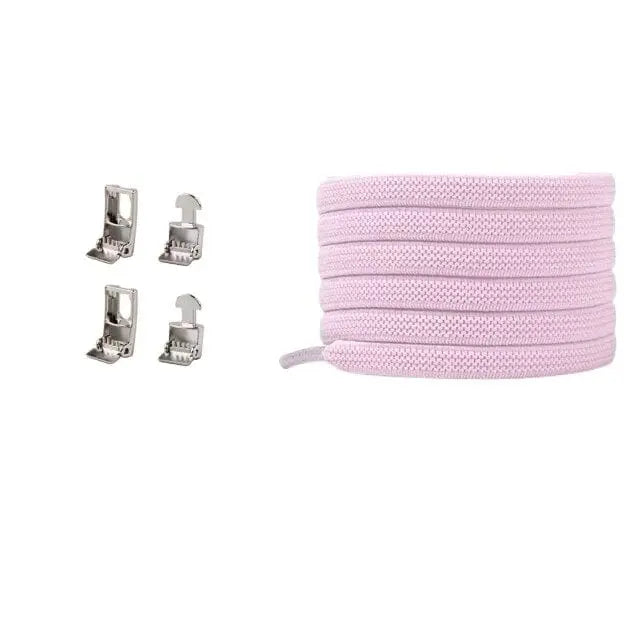 The Cross buckle Elastic No Tie Shoelaces for Sneakers are flat, coiled pink laces with four silver clips, ideal for kids or adults. One size fits all, making them perfect for easy and convenient wear on any shoes.