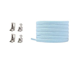 A set of four metal sewing machine presser feet is shown on the left, while a neatly coiled light blue Cross buckle Elastic No Tie Shoelace for Sneakers is displayed on the right against a white background.