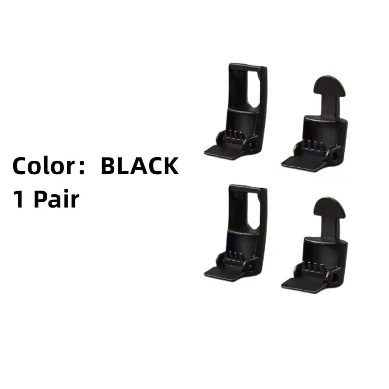 Four black plastic clips with rectangular and semi-circular designs are shown on a white background, labeled “Color: BLACK 1 Pair.” Ideal for Cross Buckle Elastic Shoe Laces No Tie Shoelaces for Sneakers, Kids, and Adults.
