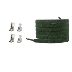 A roll of dark green Cross buckle Elastic Shoe laces No Tie Shoelaces is displayed beside four silver lace end tips, arranged upright in two rows on a plain white background. Suitable for kids' and adults' sneakers, one size fits all.